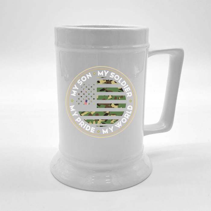 My Son Is A Soldier Hero Proud Army Mom Dad Camouflage Army Funny Gift Front & Back Beer Stein