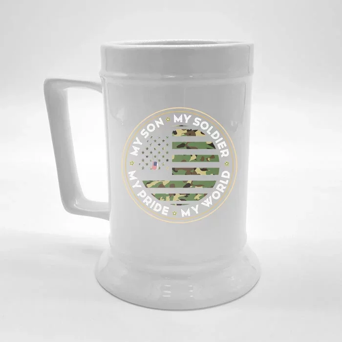 My Son Is A Soldier Hero Proud Army Mom Dad Camouflage Army Funny Gift Front & Back Beer Stein