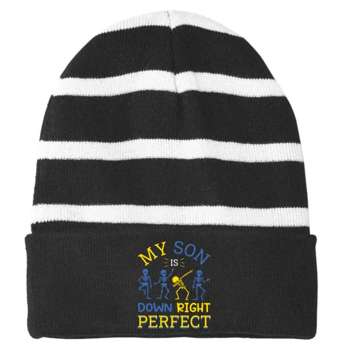 Funny Skeleton My Son Is Down Right Perfect Gift For Down Syndrome Striped Beanie with Solid Band