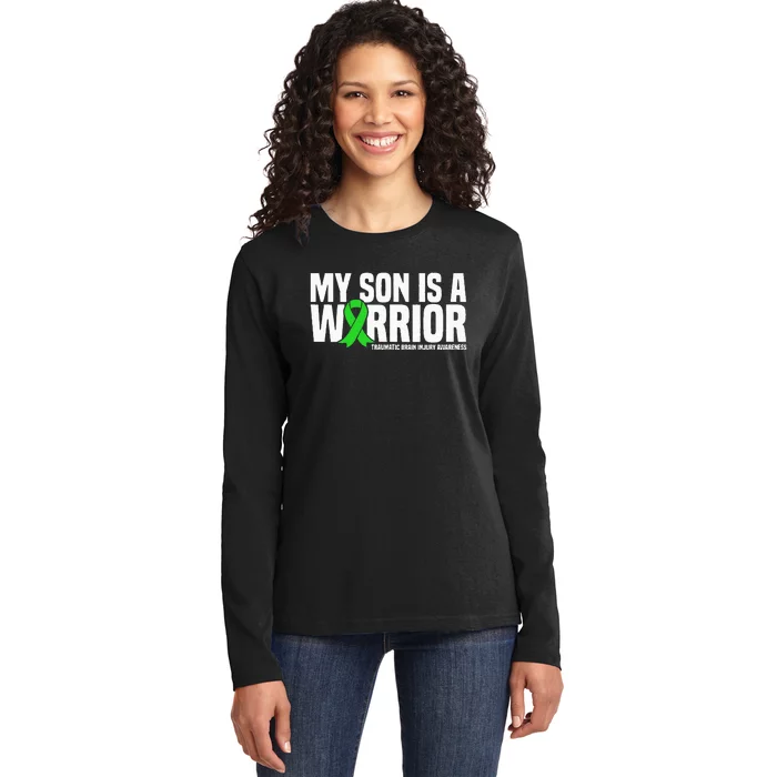 My Son Is A Warrior Traumatic Brain Injury Awareness Ladies Long Sleeve Shirt