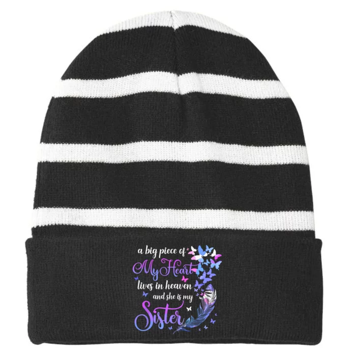 My Sister Lives In Heaven Memorial Quotes Brother Sis Striped Beanie with Solid Band