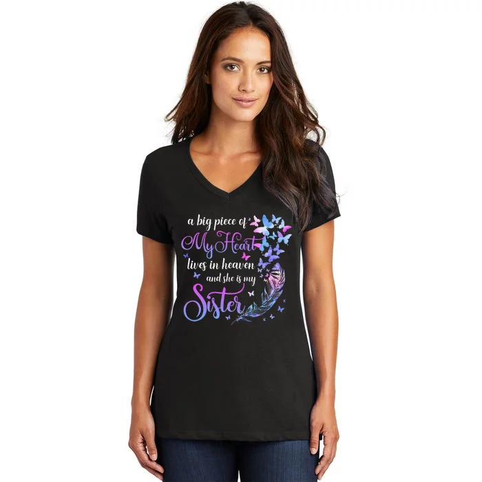 My Sister Lives In Heaven Memorial Quotes Brother Sis Women's V-Neck T-Shirt