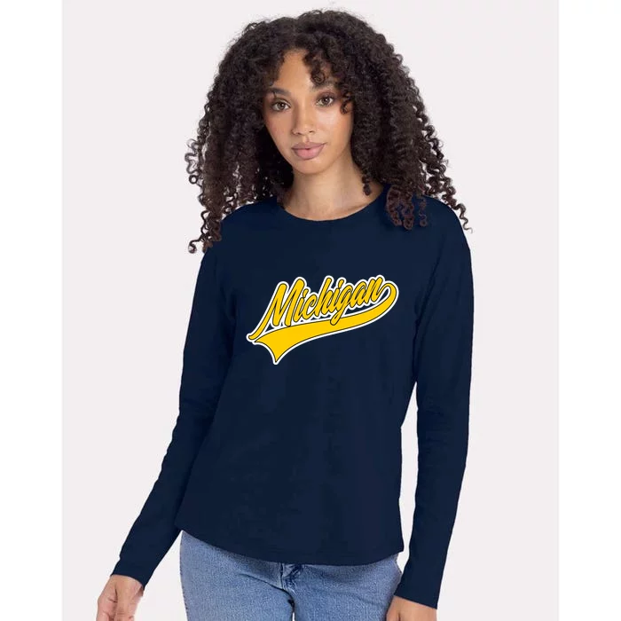 Michigan Script Logo Womens Cotton Relaxed Long Sleeve T-Shirt