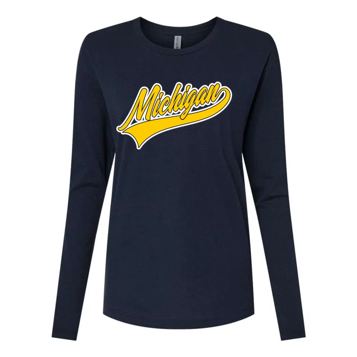 Michigan Script Logo Womens Cotton Relaxed Long Sleeve T-Shirt