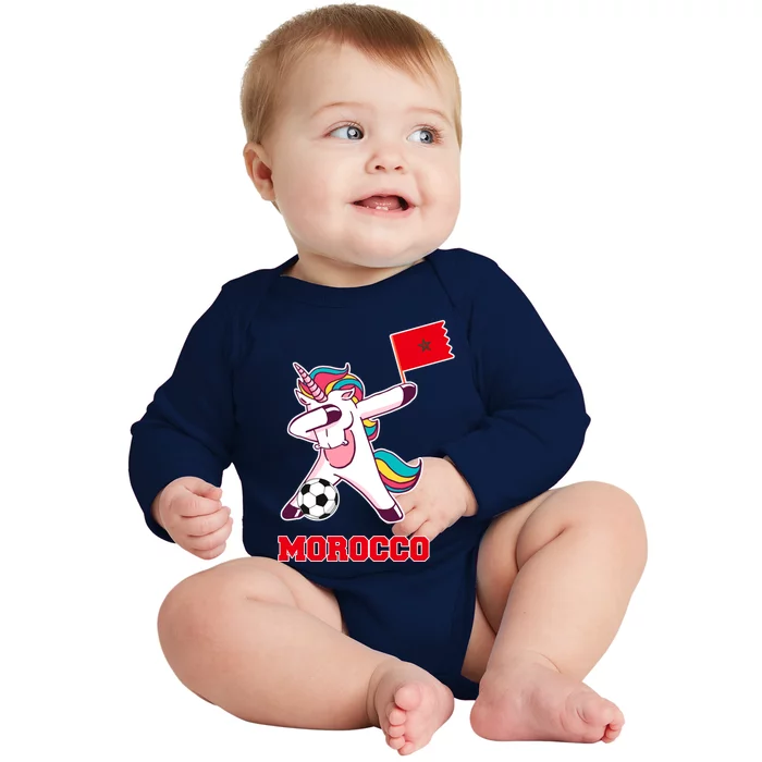 Morocco Soccer Meaningful Gift Dabbing Unicorn Moroccan Flag Gift Baby Long Sleeve Bodysuit