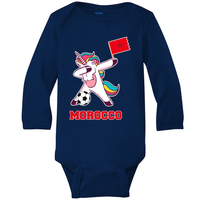 Morocco Soccer Meaningful Gift Dabbing Unicorn Moroccan Flag Gift Baby Long Sleeve Bodysuit