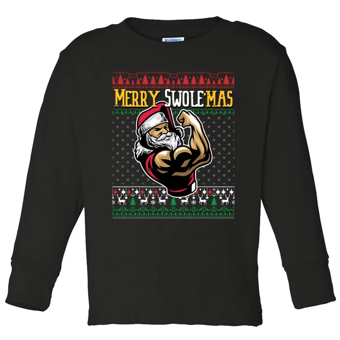 Merry Swole Mas Funny Christmas Gym & Work Out Santa Flexing Toddler Long Sleeve Shirt