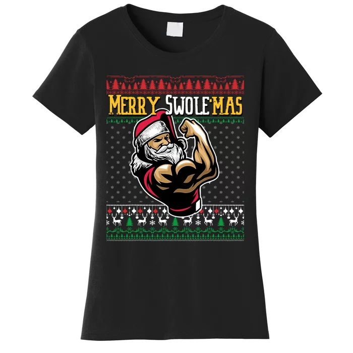 Merry Swole Mas Funny Christmas Gym & Work Out Santa Flexing Women's T-Shirt