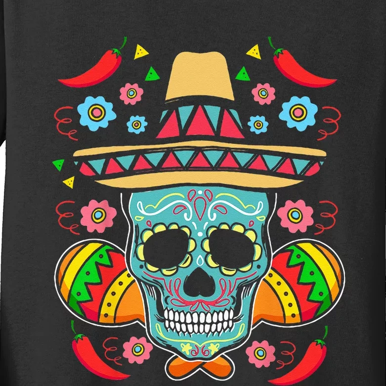 Mexican Skull Mariachi Pepper Fiesta Cinco De Mayo Kids Long Sleeve Shirt