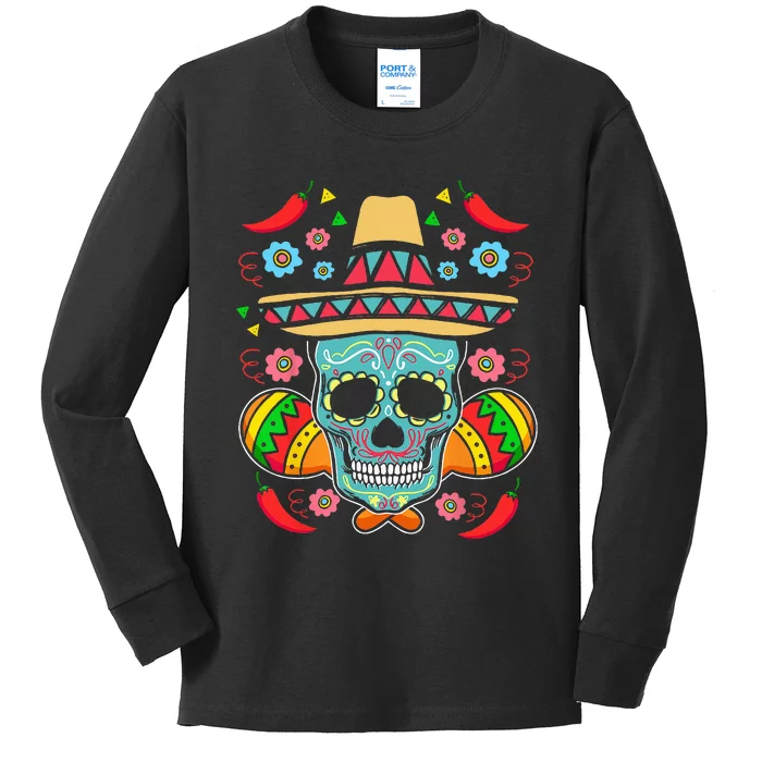 Mexican Skull Mariachi Pepper Fiesta Cinco De Mayo Kids Long Sleeve Shirt