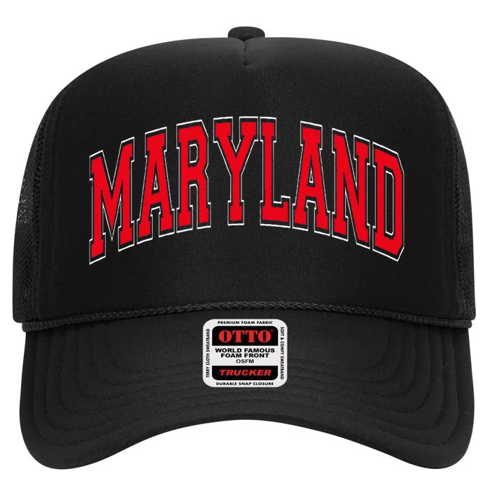 Maryland State Md Red Text High Crown Mesh Trucker Hat