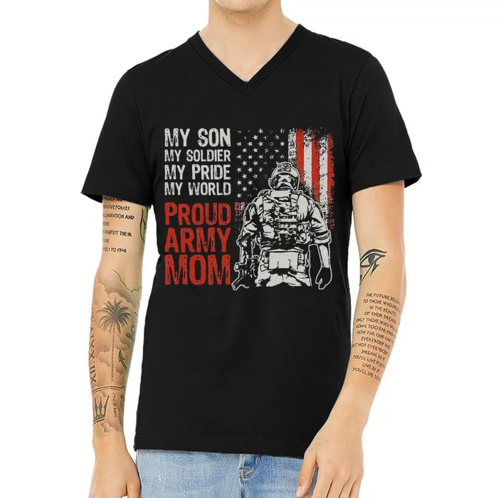 My Son My Soldier Hero Proud Army Mom US Military Mother V-Neck T-Shirt