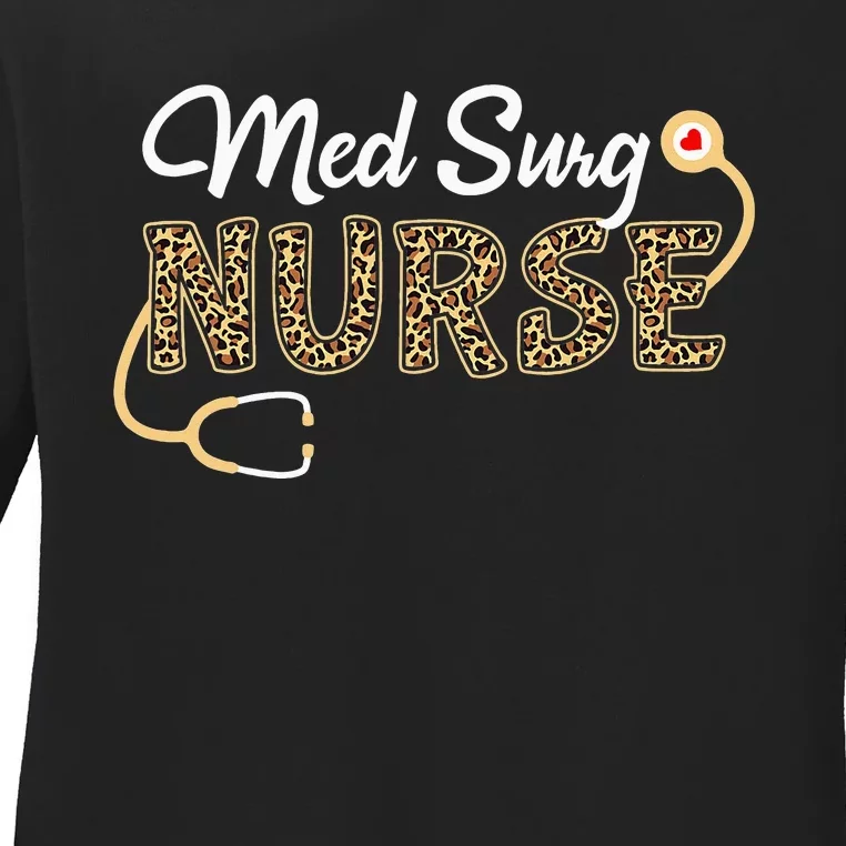 Med Surg Nurse Leopard Print Stethoscope Heart Nursing Ladies Long Sleeve Shirt