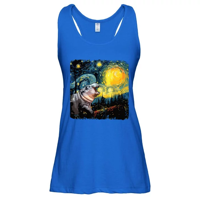 Moodeng Starry Night Van Gogh Funny Moodeng Meme Ladies Essential Flowy Tank