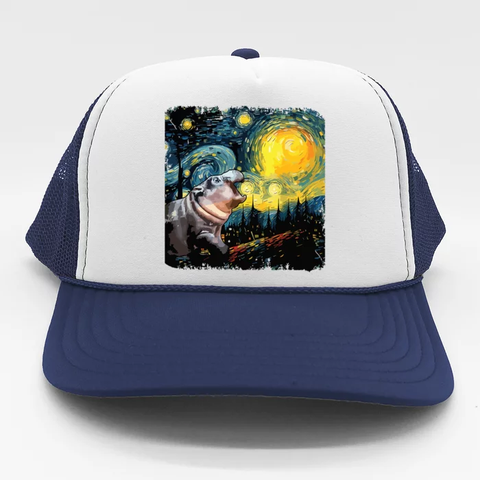 Moodeng Starry Night Van Gogh Funny Moodeng Meme Trucker Hat