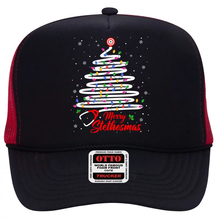 Merry Stethosmas Nurse Stethoscope Christmas Tree Lights Gift High Crown Mesh Trucker Hat