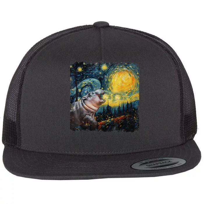 Moodeng Starry Night Van Gogh Funny Moodeng Meme Gift Flat Bill Trucker Hat