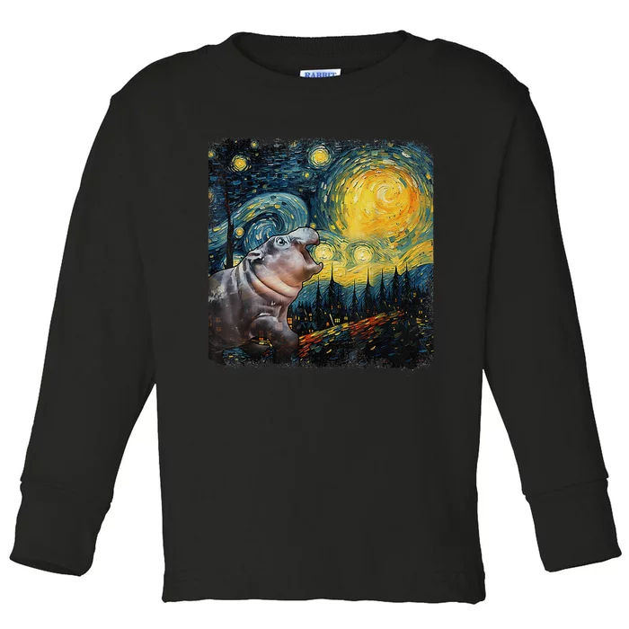 Moodeng Starry Night Van Gogh Funny Moodeng Meme Gift Toddler Long Sleeve Shirt