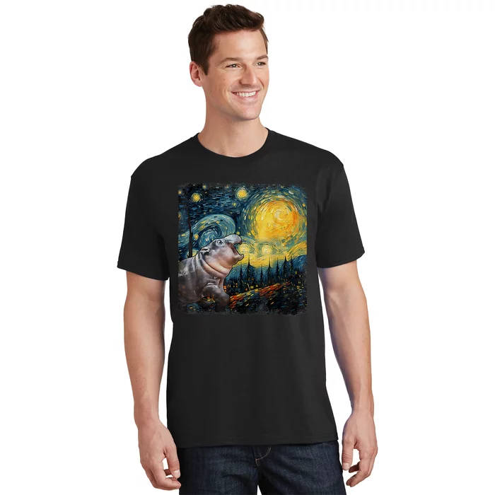 Moodeng Starry Night Van Gogh Funny Moodeng Meme T-Shirt