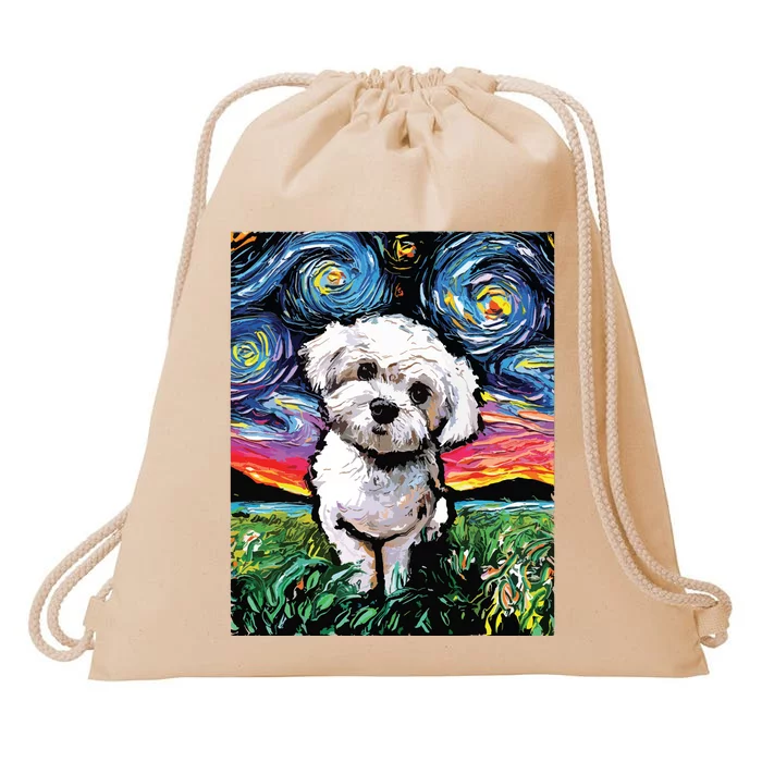 Maltipoo Starry Night White Maltese Poodle Dog Art By Aja Drawstring Bag