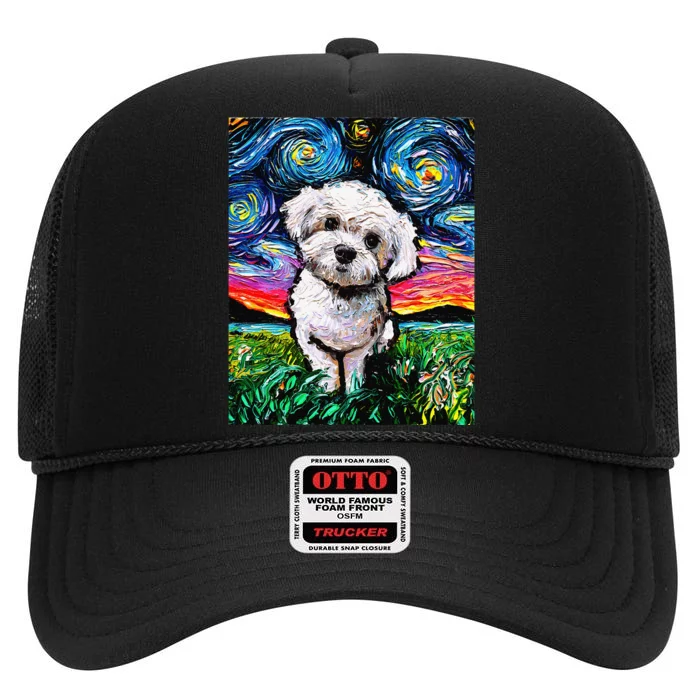 Maltipoo Starry Night White Maltese Poodle Dog Art by Aja High Crown Mesh Trucker Hat