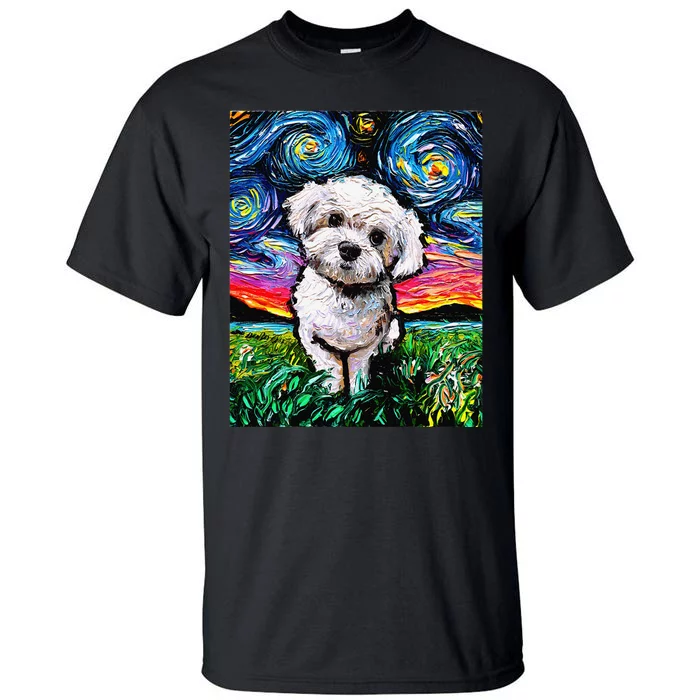 Maltipoo Starry Night White Maltese Poodle Dog Art by Aja Tall T-Shirt