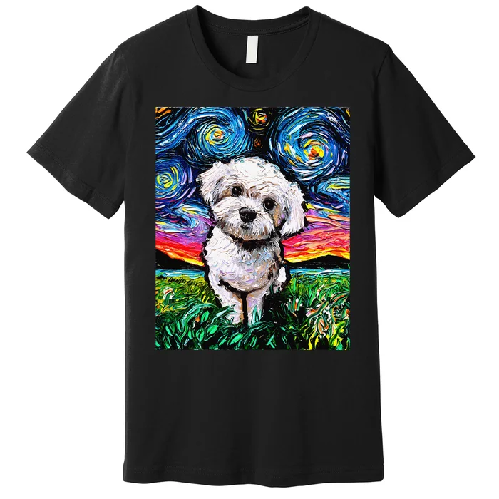 Maltipoo Starry Night White Maltese Poodle Dog Art by Aja Premium T-Shirt