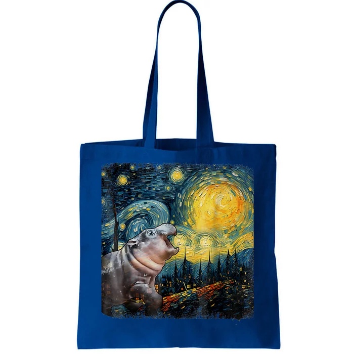 Moodeng Starry Night Van Gogh Funny Moodeng Meme Tote Bag