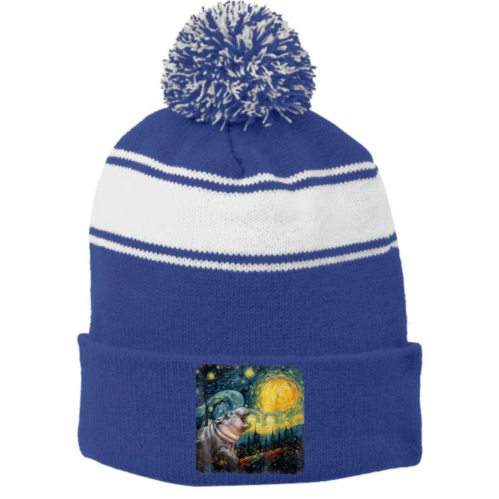 Moodeng Starry Night Van Gogh Funny Moodeng Meme Stripe Pom Pom Beanie