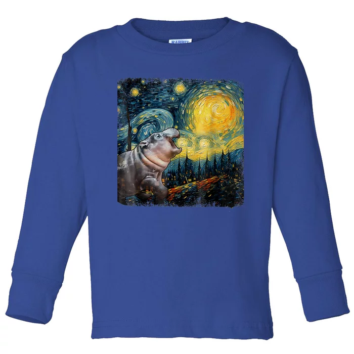 Moodeng Starry Night Van Gogh Funny Moodeng Meme Toddler Long Sleeve Shirt