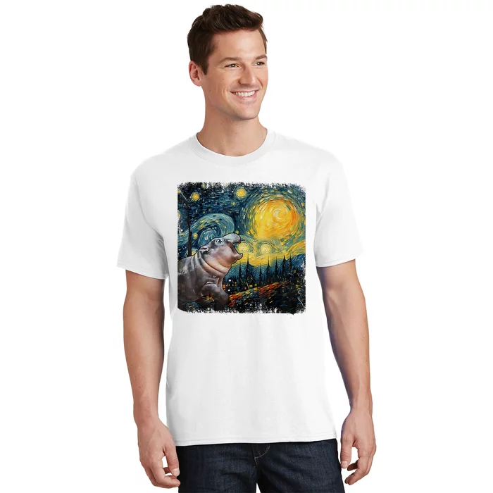 Moodeng Starry Night Van Gogh Funny Moodeng Meme T-Shirt