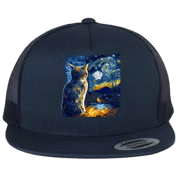 Majestic Starry Night Cat Flat Bill Trucker Hat