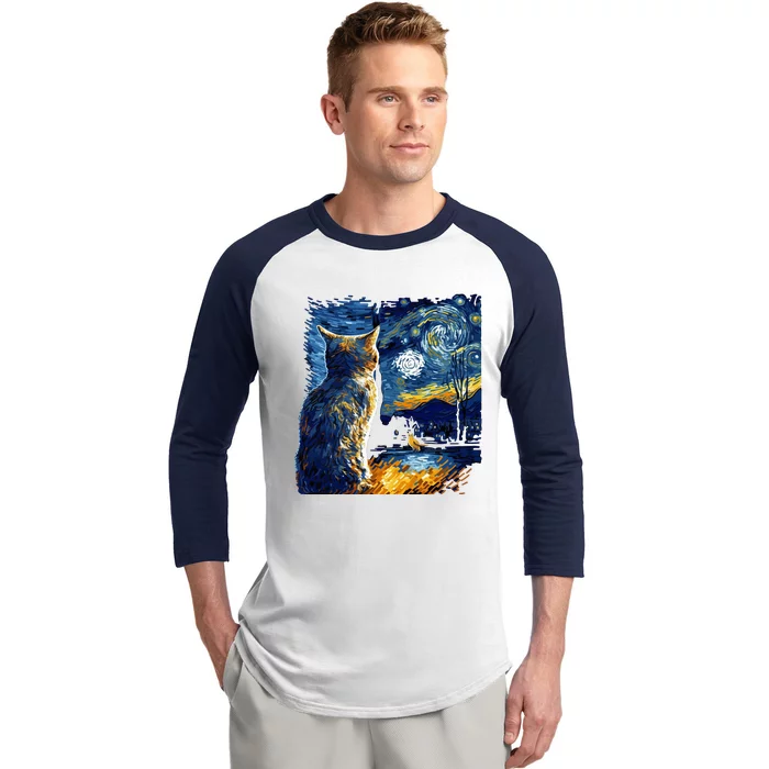 Majestic Starry Night Cat Baseball Sleeve Shirt