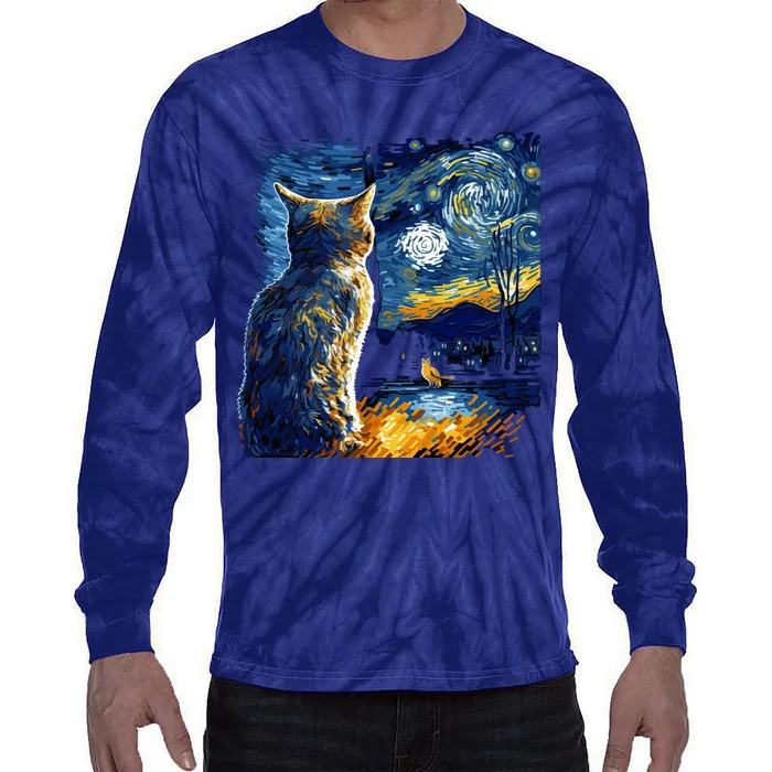 Majestic Starry Night Cat Tie-Dye Long Sleeve Shirt