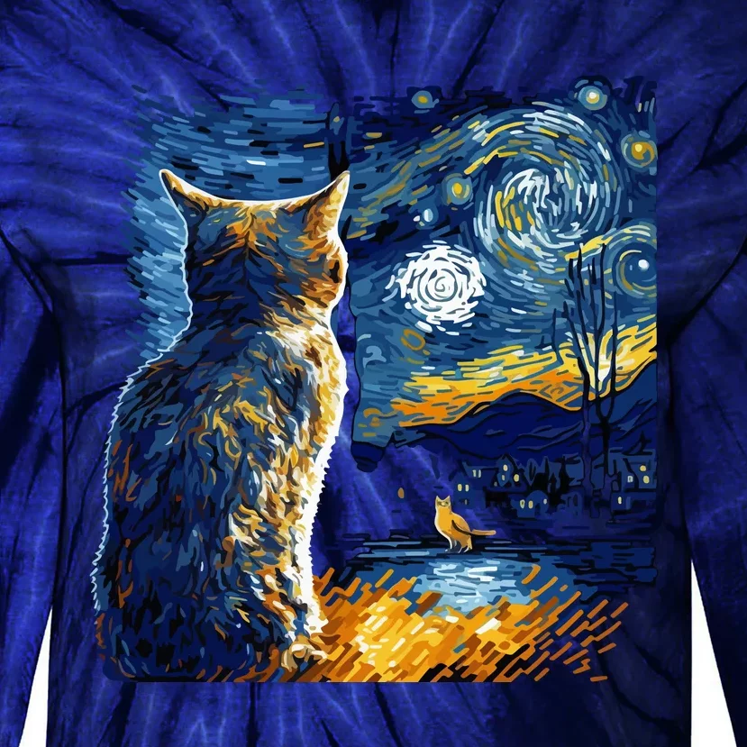 Majestic Starry Night Cat Tie-Dye Long Sleeve Shirt