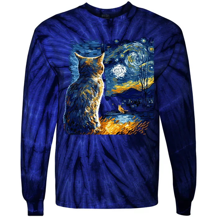 Majestic Starry Night Cat Tie-Dye Long Sleeve Shirt