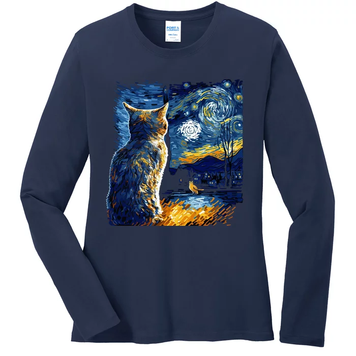 Majestic Starry Night Cat Ladies Long Sleeve Shirt