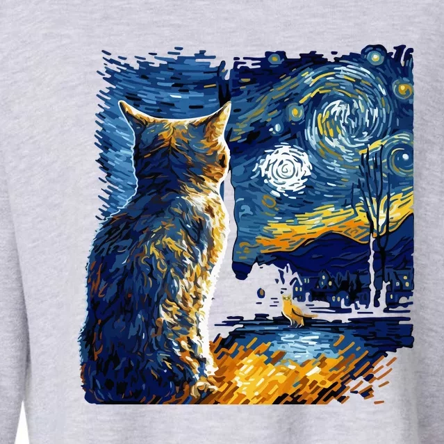 Majestic Starry Night Cat Cropped Pullover Crew