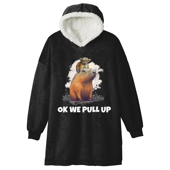 Monkey sits on Capybara Ok We Pull Up Hooded Wearable Blanket