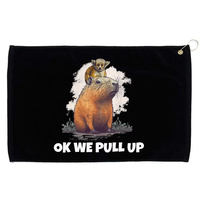 Monkey sits on Capybara Ok We Pull Up Grommeted Golf Towel