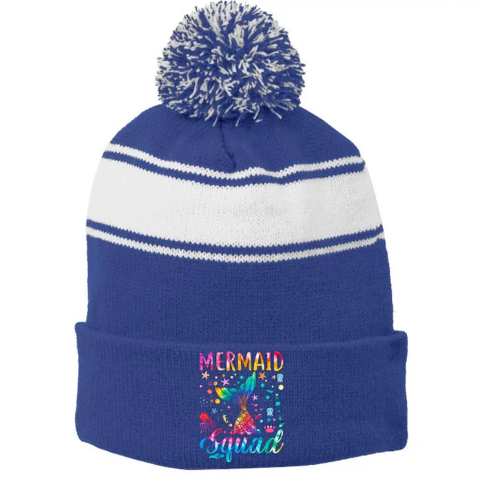 Mermaid Squad Of The Birthday Family Matching Gift Stripe Pom Pom Beanie