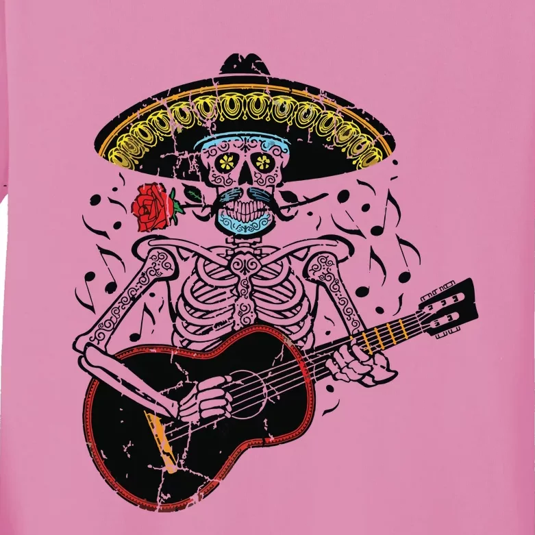 Mariachi Skeleton Playing Guitar Day Of The Dead Kids Long Sleeve Shirt