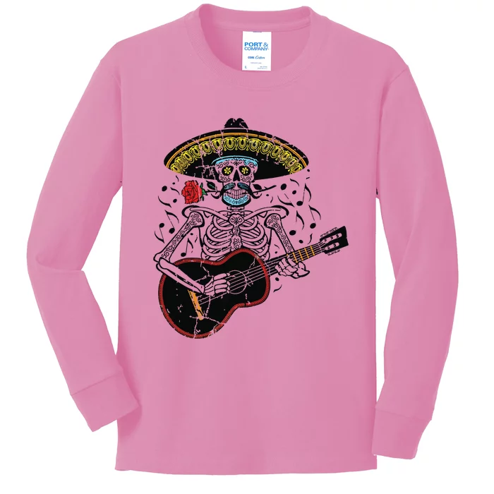 Mariachi Skeleton Playing Guitar Day Of The Dead Kids Long Sleeve Shirt