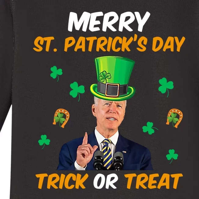 Merry St Patrick's Day Trick Or Treat Funny Confused Joe Biden Baby Long Sleeve Bodysuit