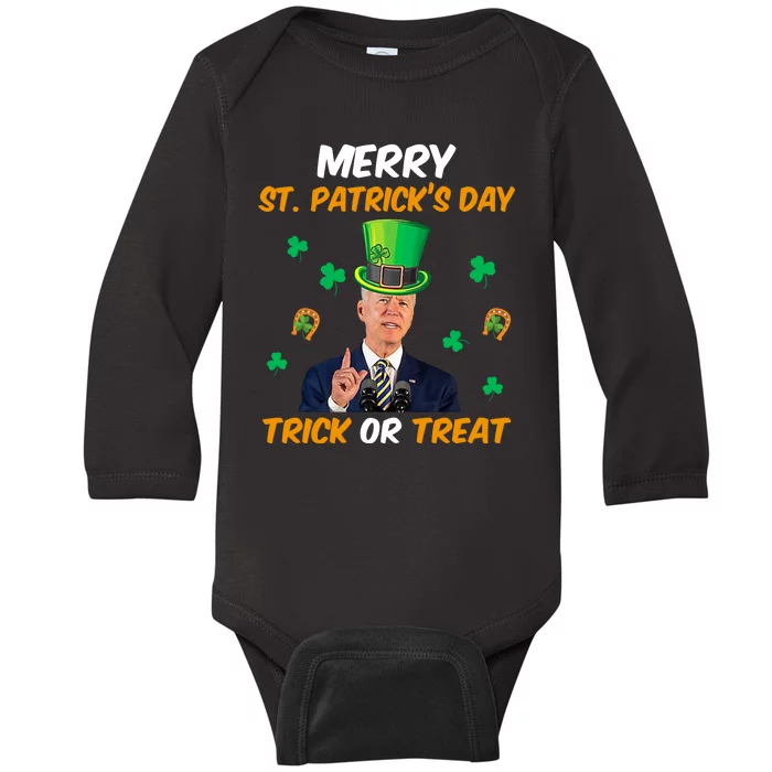 Merry St Patrick's Day Trick Or Treat Funny Confused Joe Biden Baby Long Sleeve Bodysuit