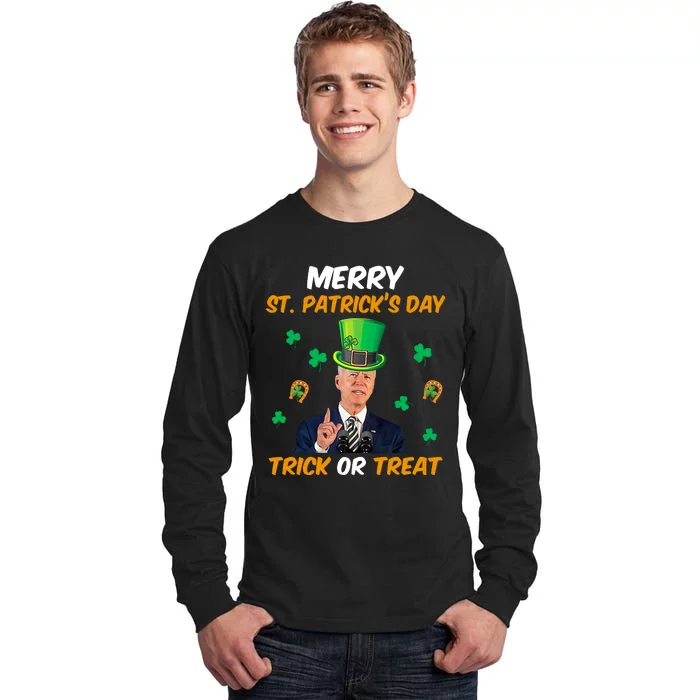 Merry St Patrick's Day Trick Or Treat Funny Confused Joe Biden Tall Long Sleeve T-Shirt