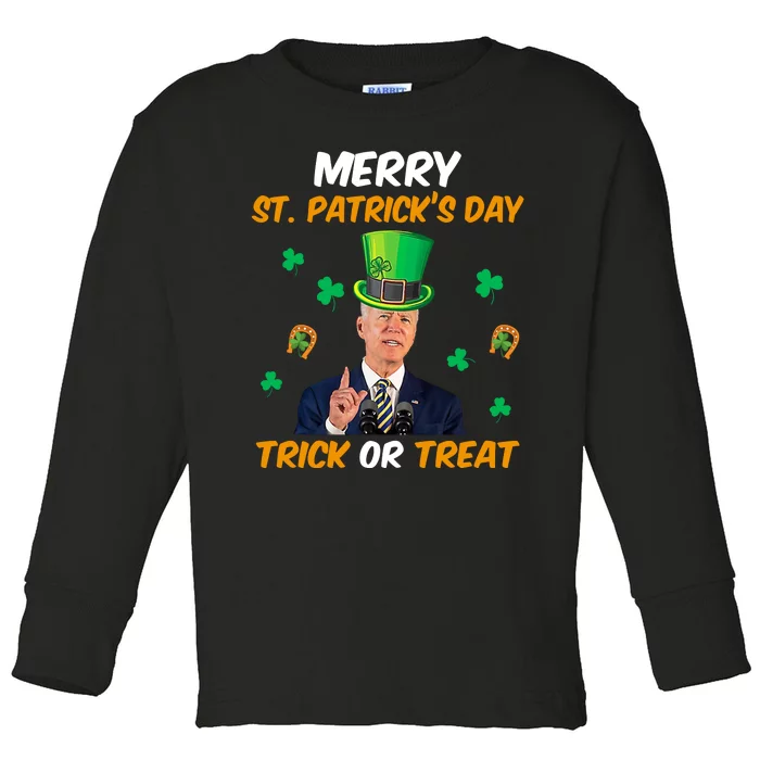 Merry St Patrick's Day Trick Or Treat Funny Confused Joe Biden Toddler Long Sleeve Shirt