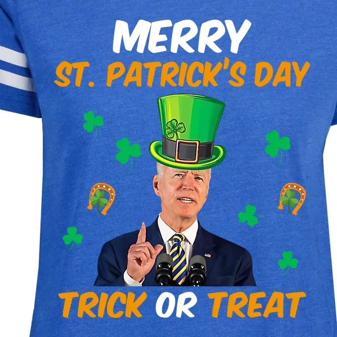 Merry St Patrick's Day Trick Or Treat Funny Confused Joe Biden Enza Ladies Jersey Football T-Shirt