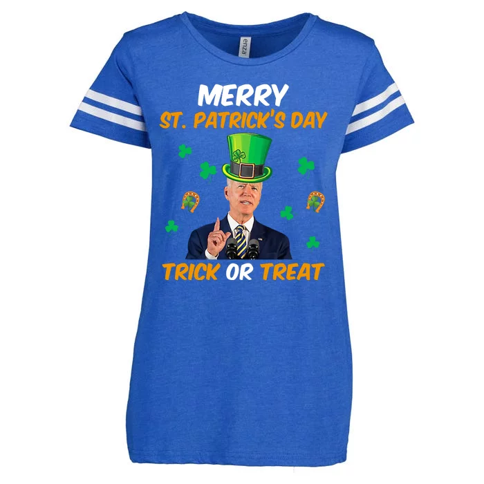 Merry St Patrick's Day Trick Or Treat Funny Confused Joe Biden Enza Ladies Jersey Football T-Shirt