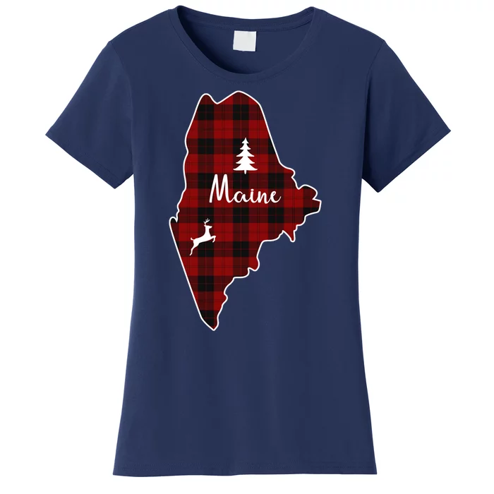 Maine State Plaid Deer Xmas Women's T-Shirt